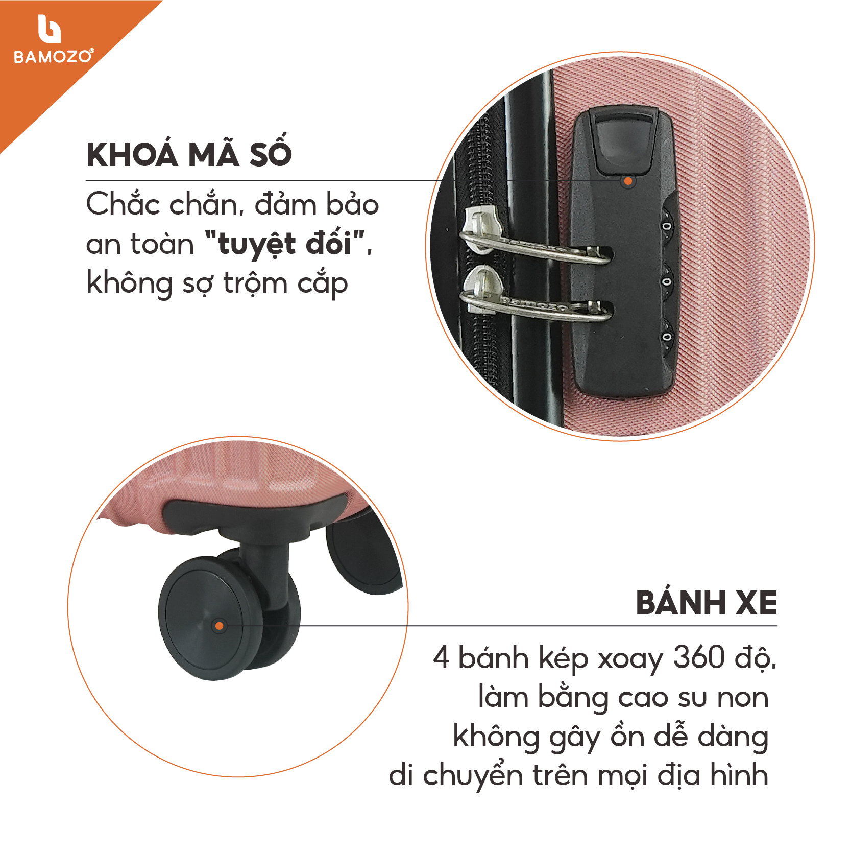 Vali du lịch BAMOZO 8801 MÀU VÀNG HỒNG size 20/24, vali kéo nhựa được bảo hành 5 năm.