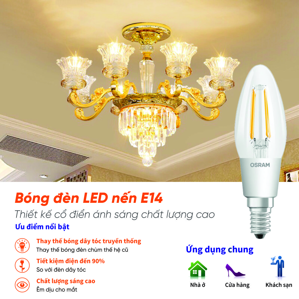 Bóng đèn LED nến 4.5W đui đèn E14 PARATHOM DIM CLASSIC B40 DIMMABLE OSRAM - Ánh sáng (Vàng 2700K)