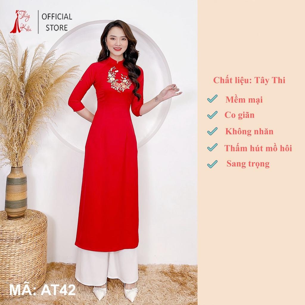 Áo dài tết cách tân thiết kế nữ may sẵn đẹp nền đỏ thêu hoa AT42 Thúy Kiều mềm mại co giãn