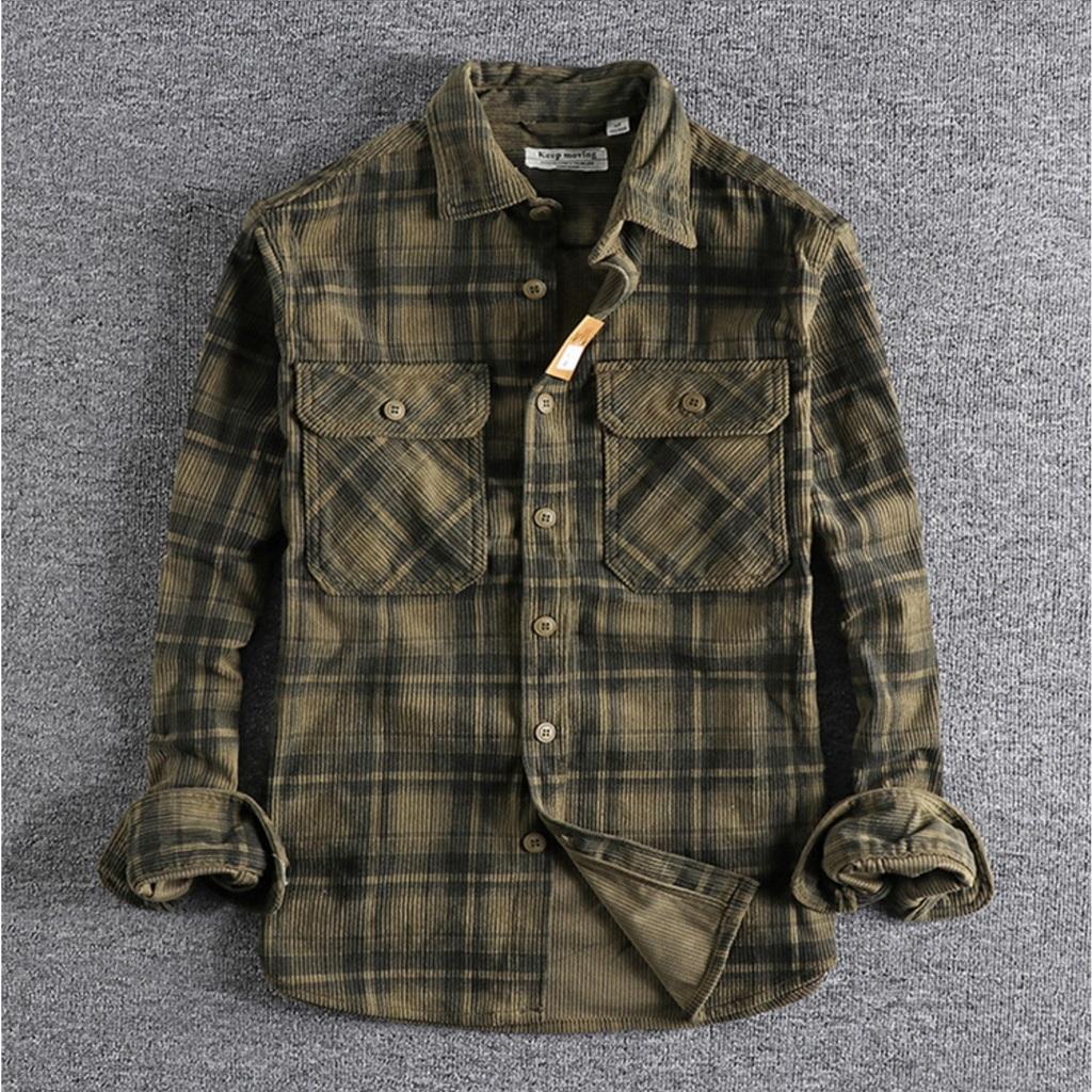 Áo sơ mi vải nhung phong cách Retro_Biker_Army