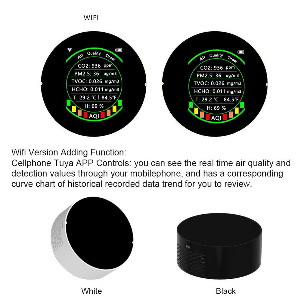 Tuya Wifi 7in1 Multifunctional Air Quality Meter PM2.5 CO2 TVOC HCHO AQI Temperature Humidity Tester Portable Color Display Carbon Dioxide Detector with Alarm Threshold Function