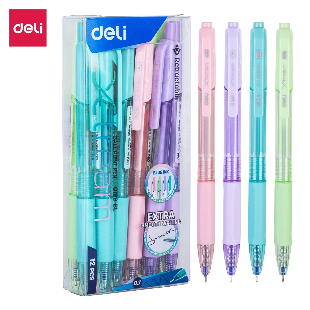 Hộp 12 cây bút bi gel Deli EQ199 đệm tay cao su / Bút Q199 Pastel mực xanh ngòi 0.7mm viết êm trơn