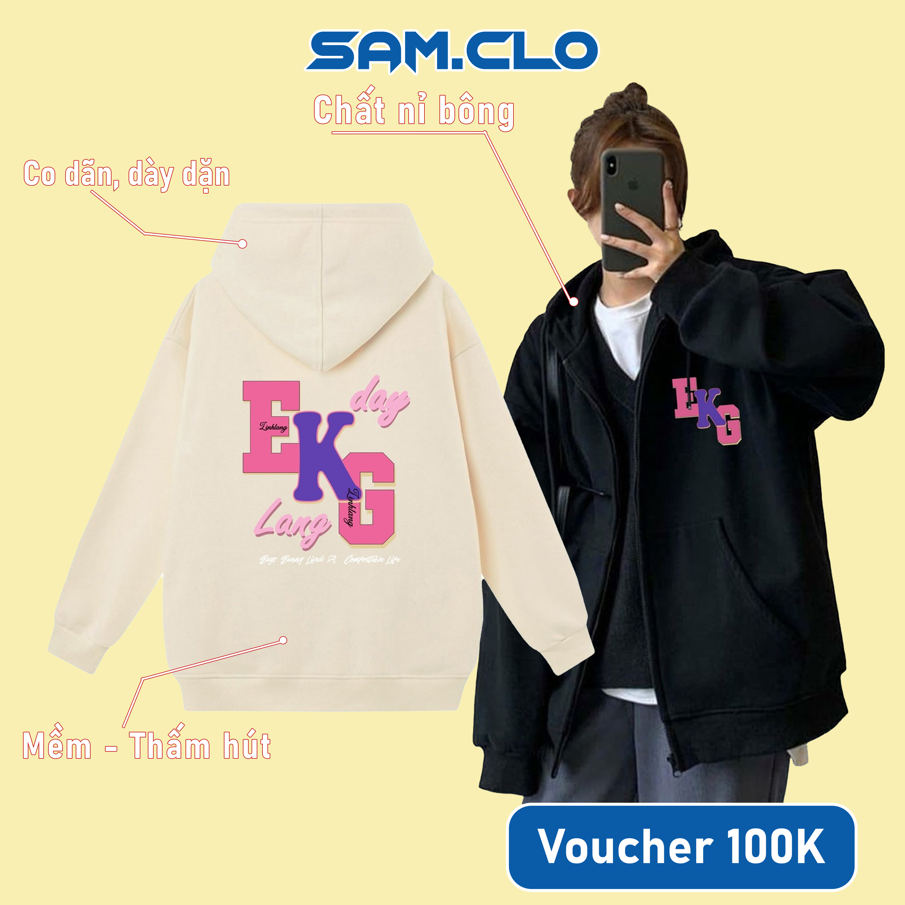 Áo khoác Hoodie Zip nam nữ SAM CLO có mũ form rộng chất nỉ tay dài thu đông ZIP EKG DAY LANG