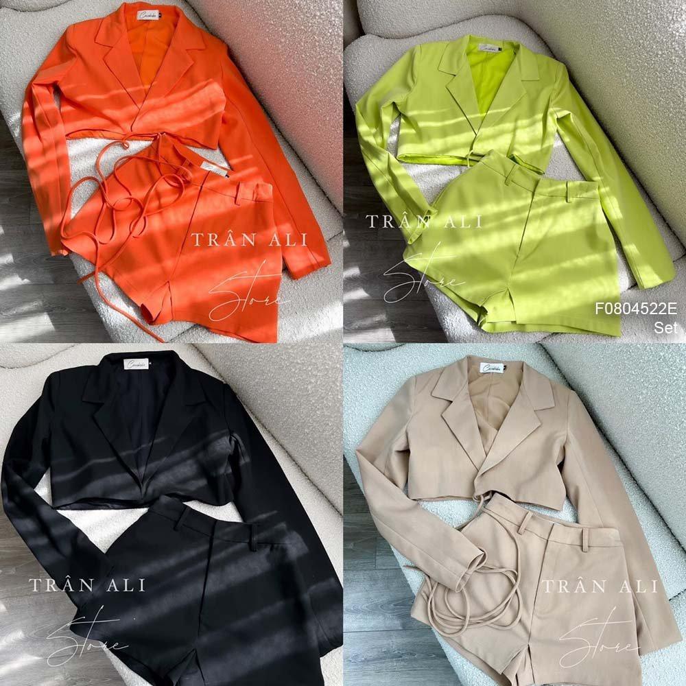 Set áo vest croptop tay dài phối quần giả váy