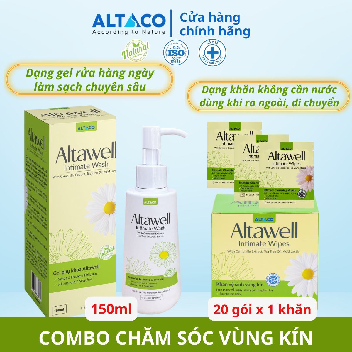 Combo chăm sóc vệ sinh &quot; cô bé&quot; gel phụ khoa Altawell + khăn lau &quot;cô bé&quot; Altawell