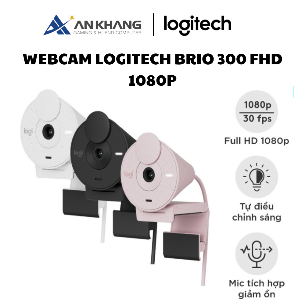 Webcam Full HD Logitech Brio 300 - Màn che ống kính, Micrô giảm tiếng ồn, USB-C, tự động chỉnh ánh sáng - Hàng Chính Hãng