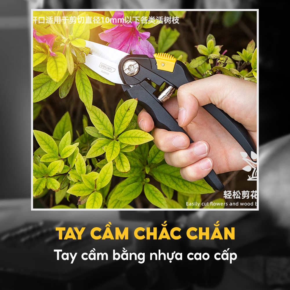 Kéo cắt cành hợp kim thép, tay cầm nhựa PP dành cho cành dày 1mm - 10mm Deli DL580101