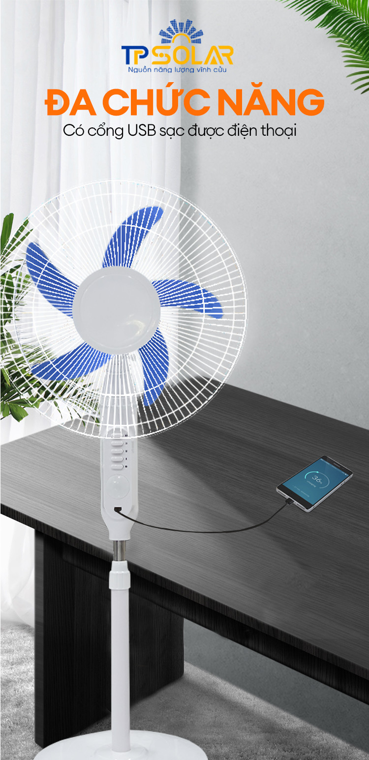 Quạt Tích Điện Năng Lượng Mặt Trời Đa Năng TP Solar 25W TP-F01 Hàng Chính Hãng, Tiết Kiệm Điện, Sạc Pin Cho Điện Thoại