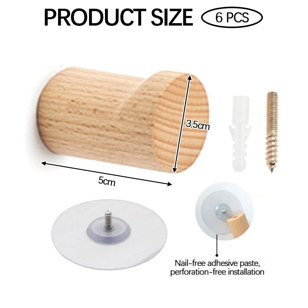 6 PCS Decorative Wall Hooks Kitchen Bathroom Door Wooden Hooks Light Brown