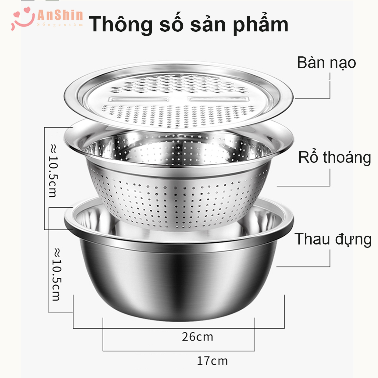 Bộ thau rổ kèm bàn nạo Inox cao cấp - bảo hành không han rỉ