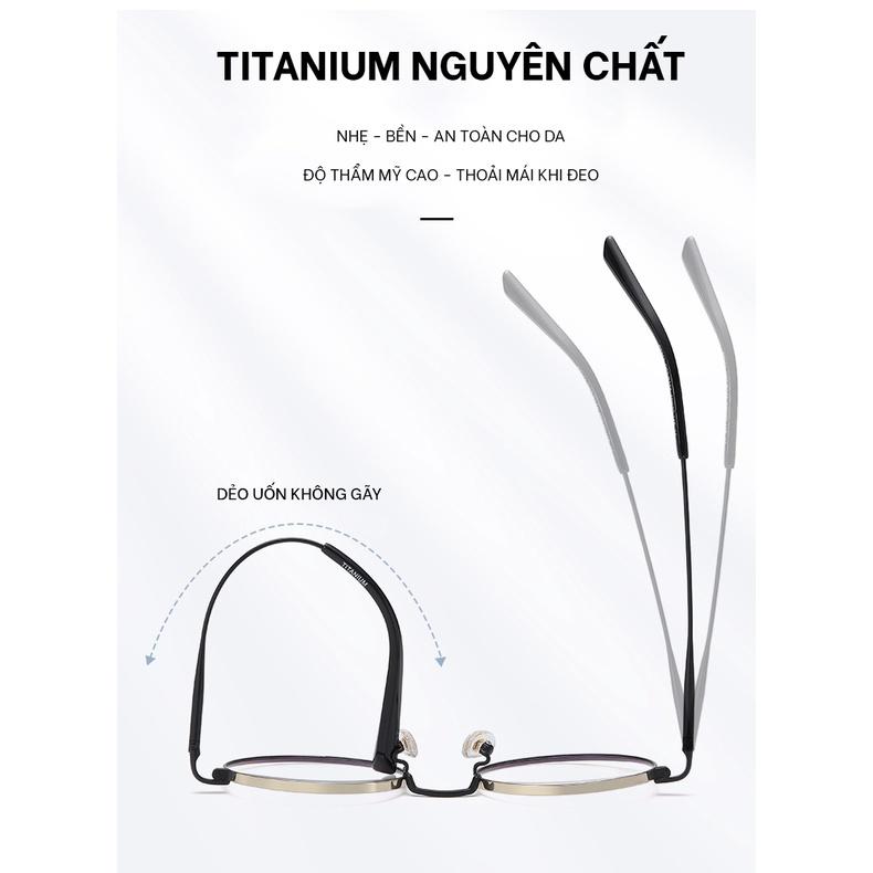 Gọng Kính Tròn Nam Nữ Chống Ánh Sáng Xanh Titanium Patton PT911