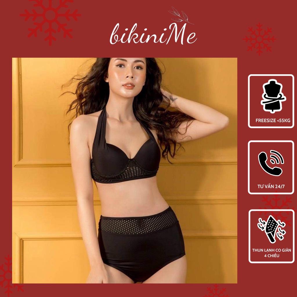 Bikini Đồ Bơi Đi Biển Hai Mảnh Áo Nâng Ngực Phối Lưới Quần Cạp Cao Che Bụng R25