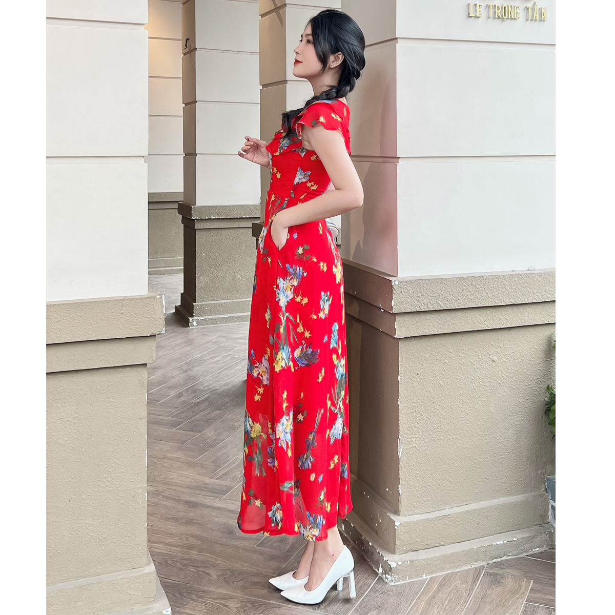 Đầm maxi vol hoa 4 lá cổ D092 - Lady Fashion- Khánh Linh Style