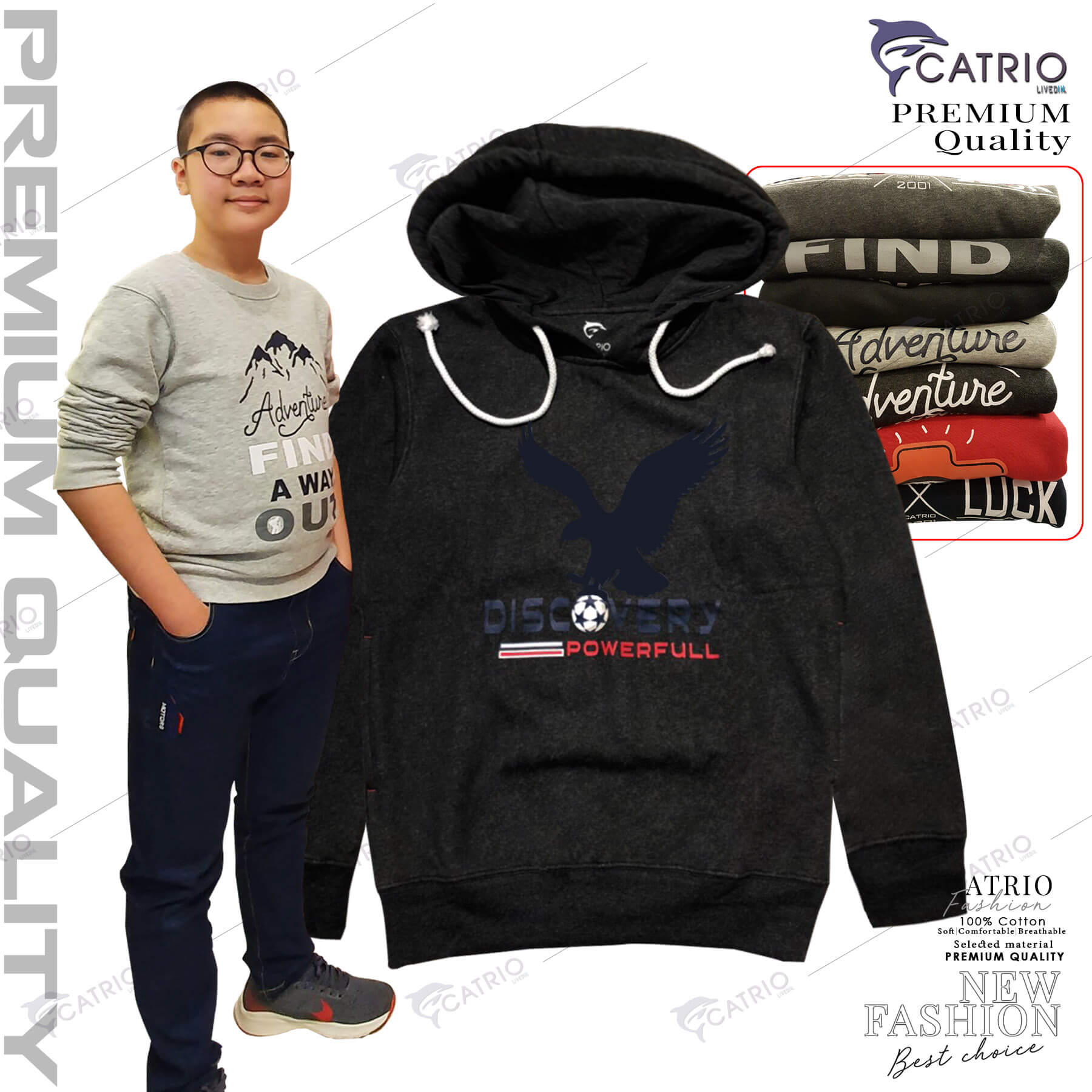 ÁO HOODIES TRẺ EM CATRIO in ĐẠI BÀNG DISCOVERY là áo thun dài tay có mũ có túi thời trang, vải 100% cotton dày, ấm mùa thu đông phù hợp với trẻ em bé trai, bé gái 12 tuổi 45kg..16T 55kg kết hợp quần dài cotton CATRIO thành bộ đồ đẹp MÀU CHUỘT