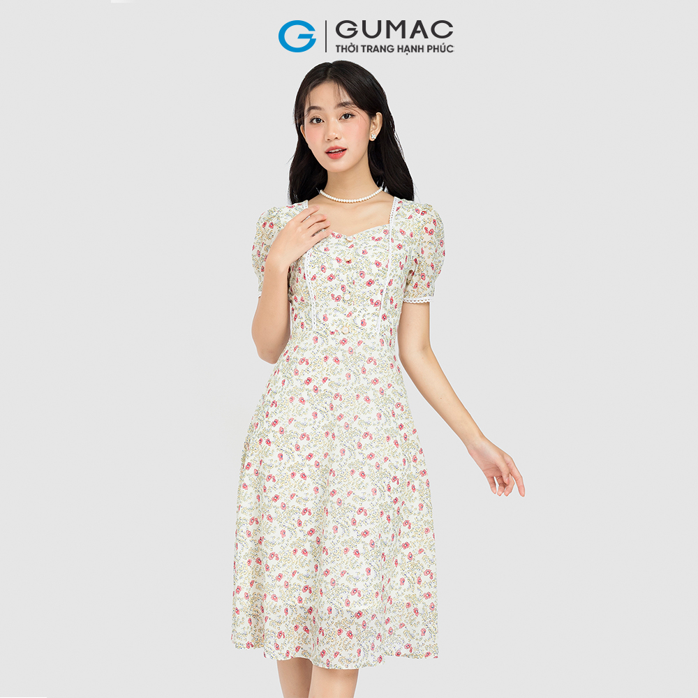 Đầm hoa form A GUMAC DC08096 viền ren dáng cổ vuông