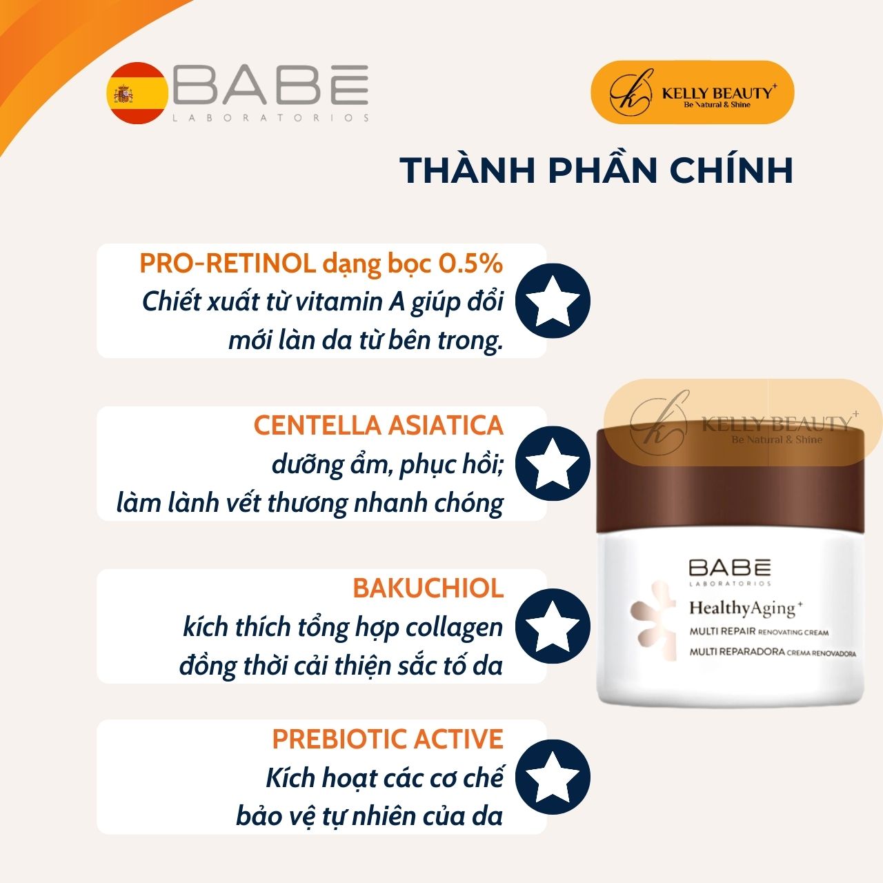 Kem Đêm Tái Tạo Phục Hồi Da BABE Multi Repair Renovating Cream - Giảm Nếp Nhăn Li Ti, Sáng Da, Đều Màu Kelly Beauty