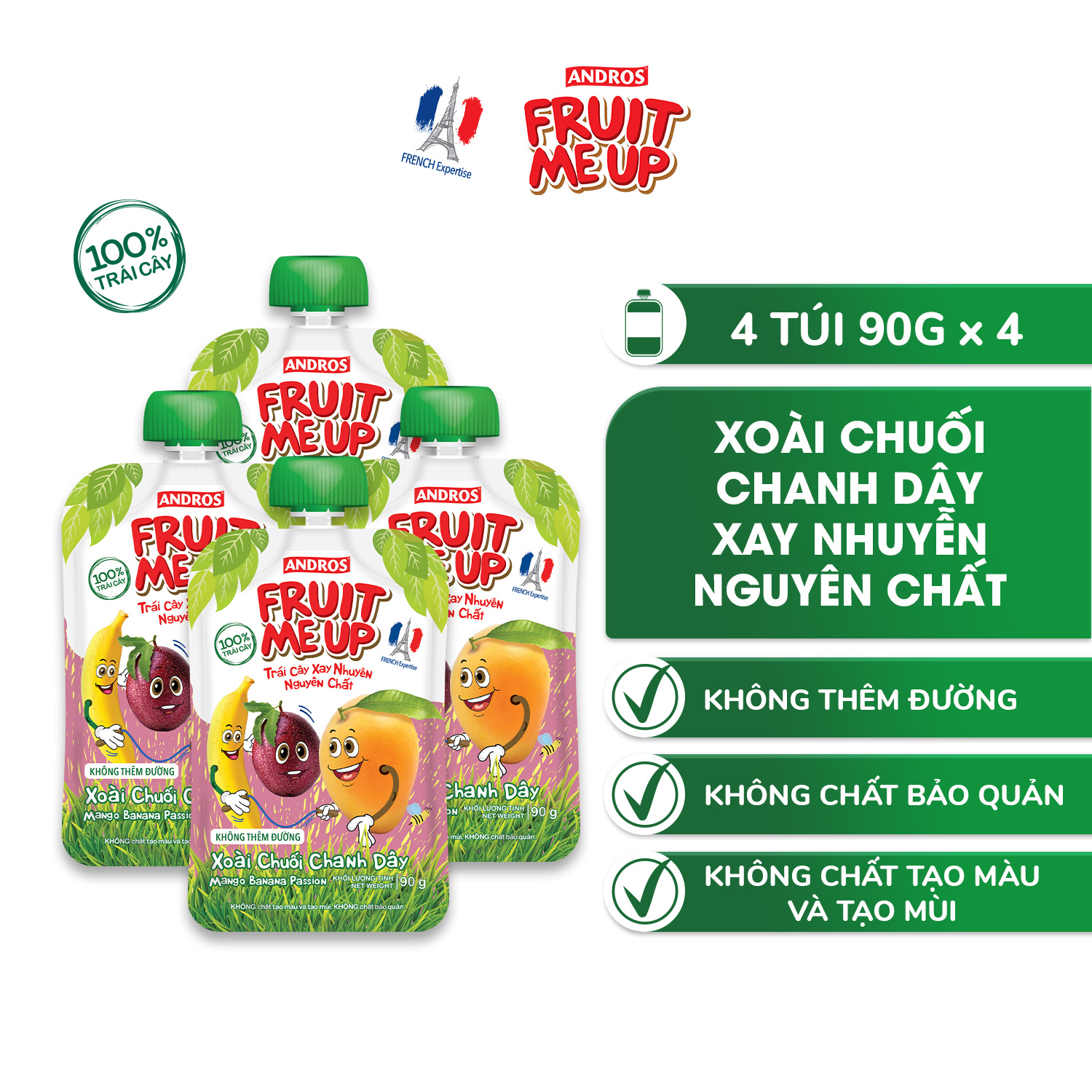 Trái Cây Xay Nhuyễn Nguyên Chất Andros Fruit Me Up  - Xoài Chuối Chanh Dây - Hộp 4 Túi (90g x 4)