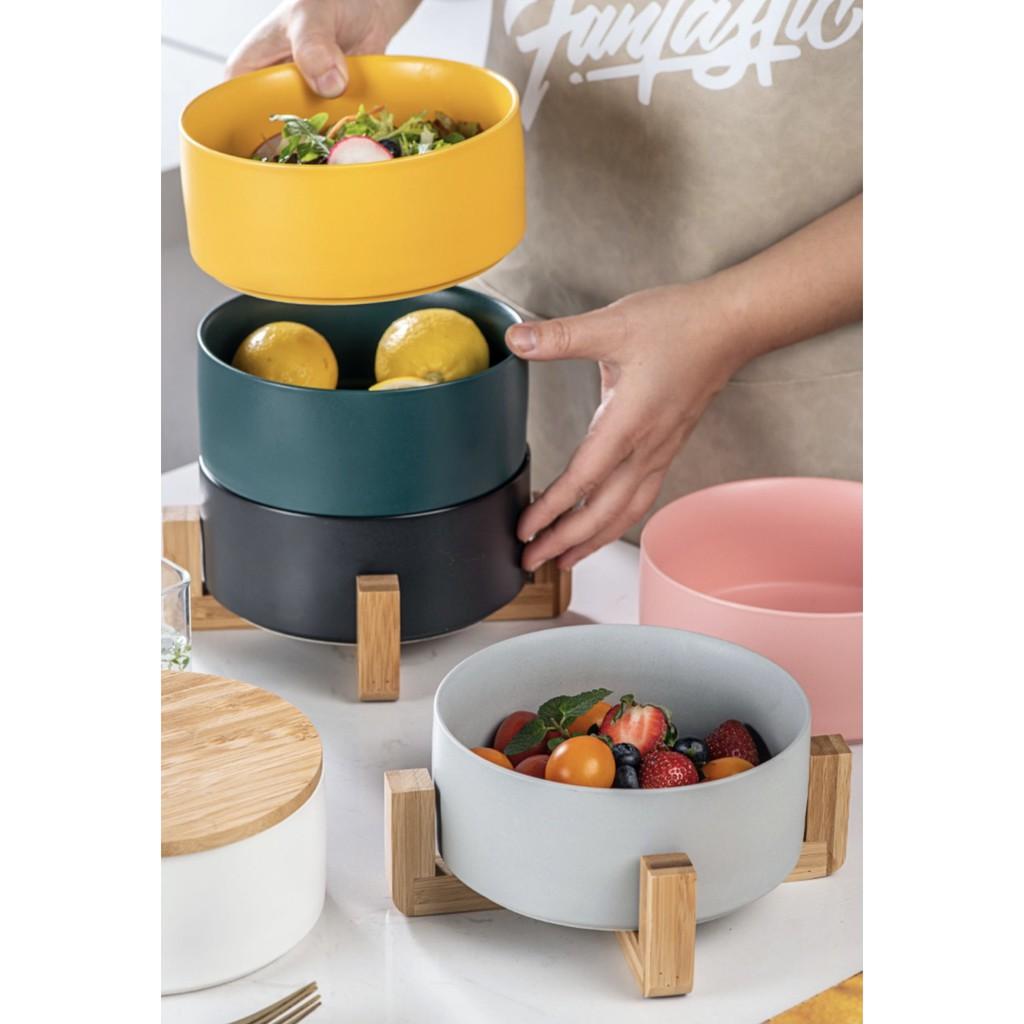 (SẴN) Tô sứ kèm kệ gỗ chống nóng, tô salad sứ màu pastel phong cách Bắc Âu 16cm - Bát sứ cao cấp xuất khẩu