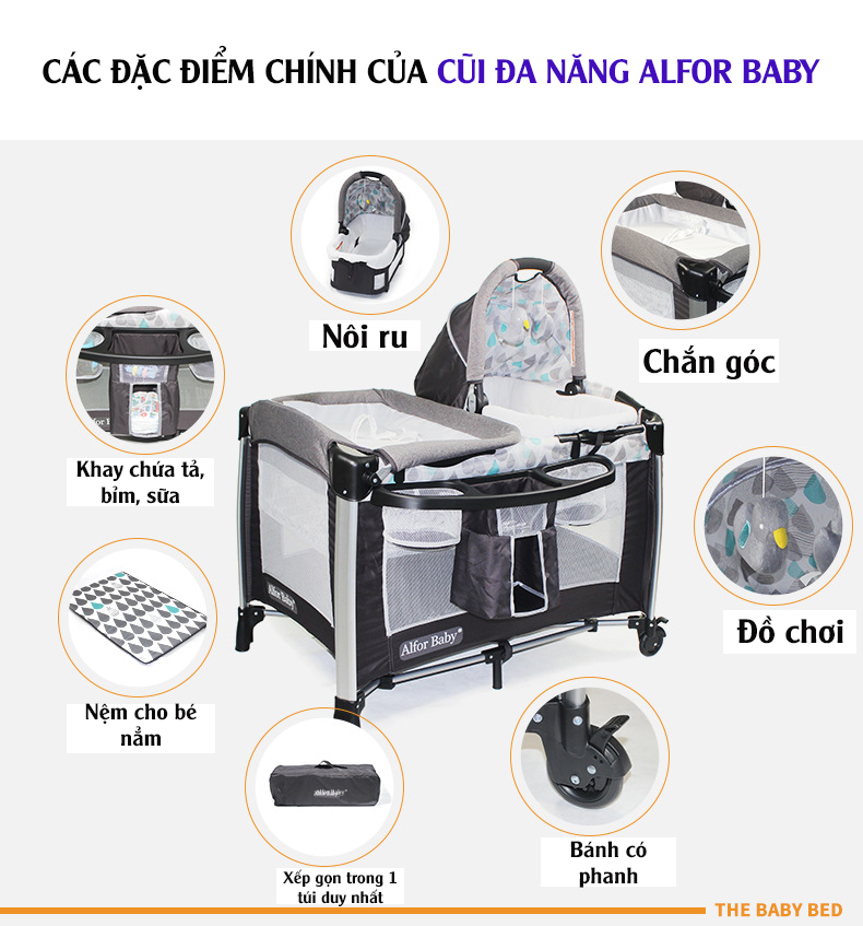 Giường cũi, nôi 4 in1 đa năng cho trẻ sơ sinh Alfor Baby