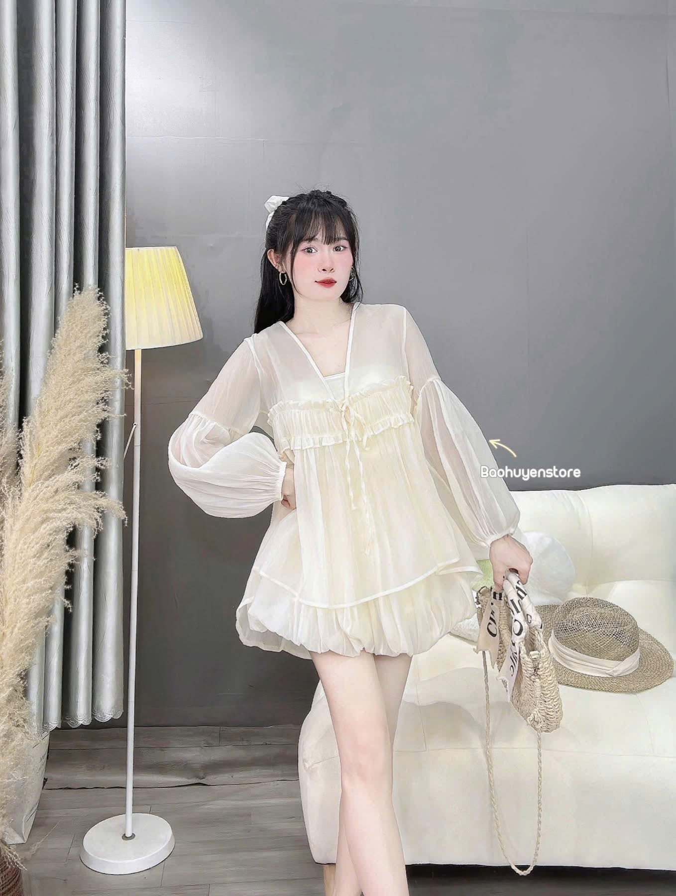 Set váy tơ tay bồng tiểu thư sang chảnh