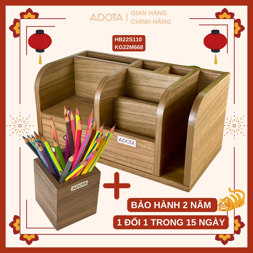 Combo: Kệ gỗ để bàn và hộp cắm bút đơn bằng gỗ để bàn làm việc cao cấp phong cách sang trọng ADOTA