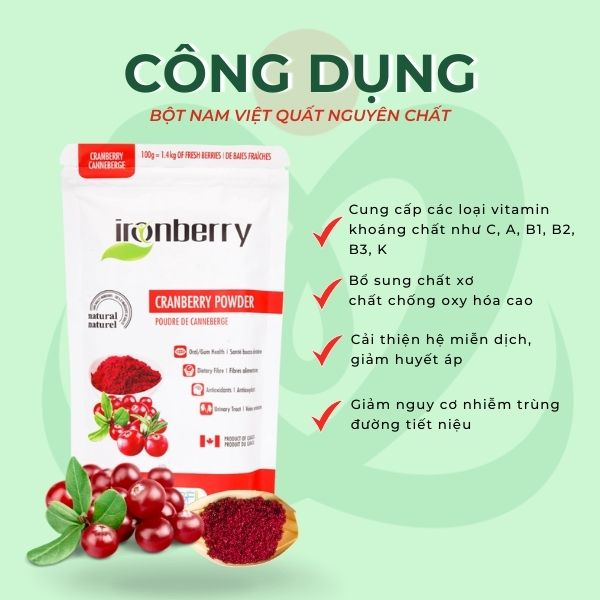 Bột nam việt quất nguyên chất nhập khẩu Canada không thêm đường bổ sung vitamin - IRONBERRY cranberry powder (100gr)
