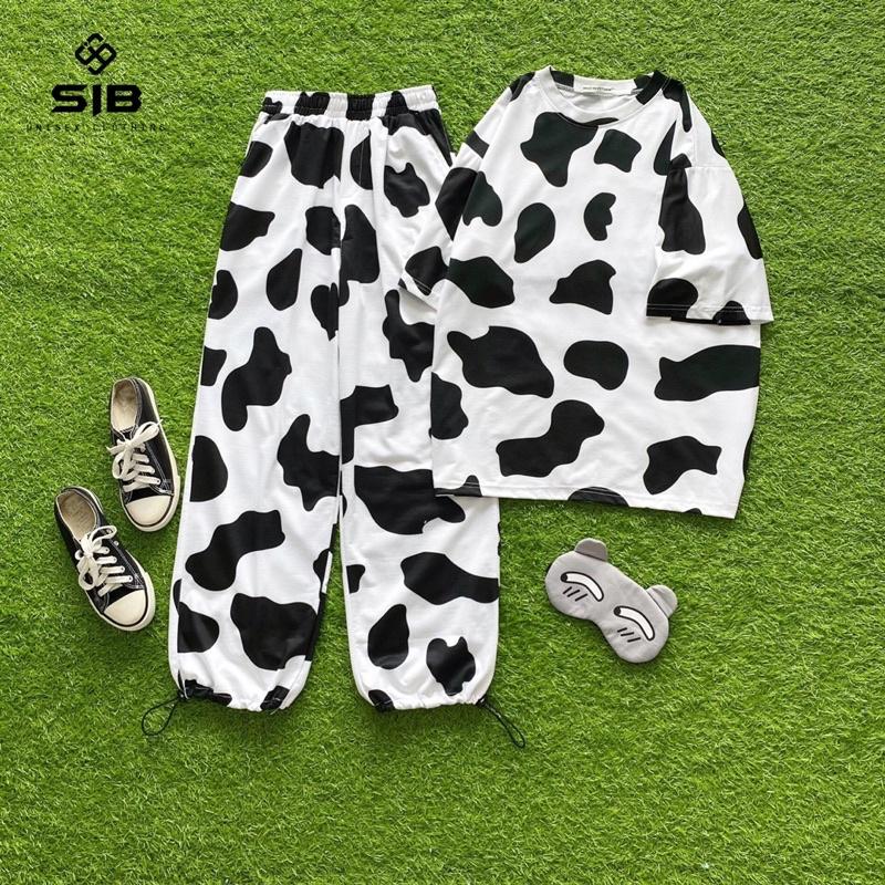 Quần dài ống rộng SIB Clothing rút ống hoạ tiết bò sữa SIB005