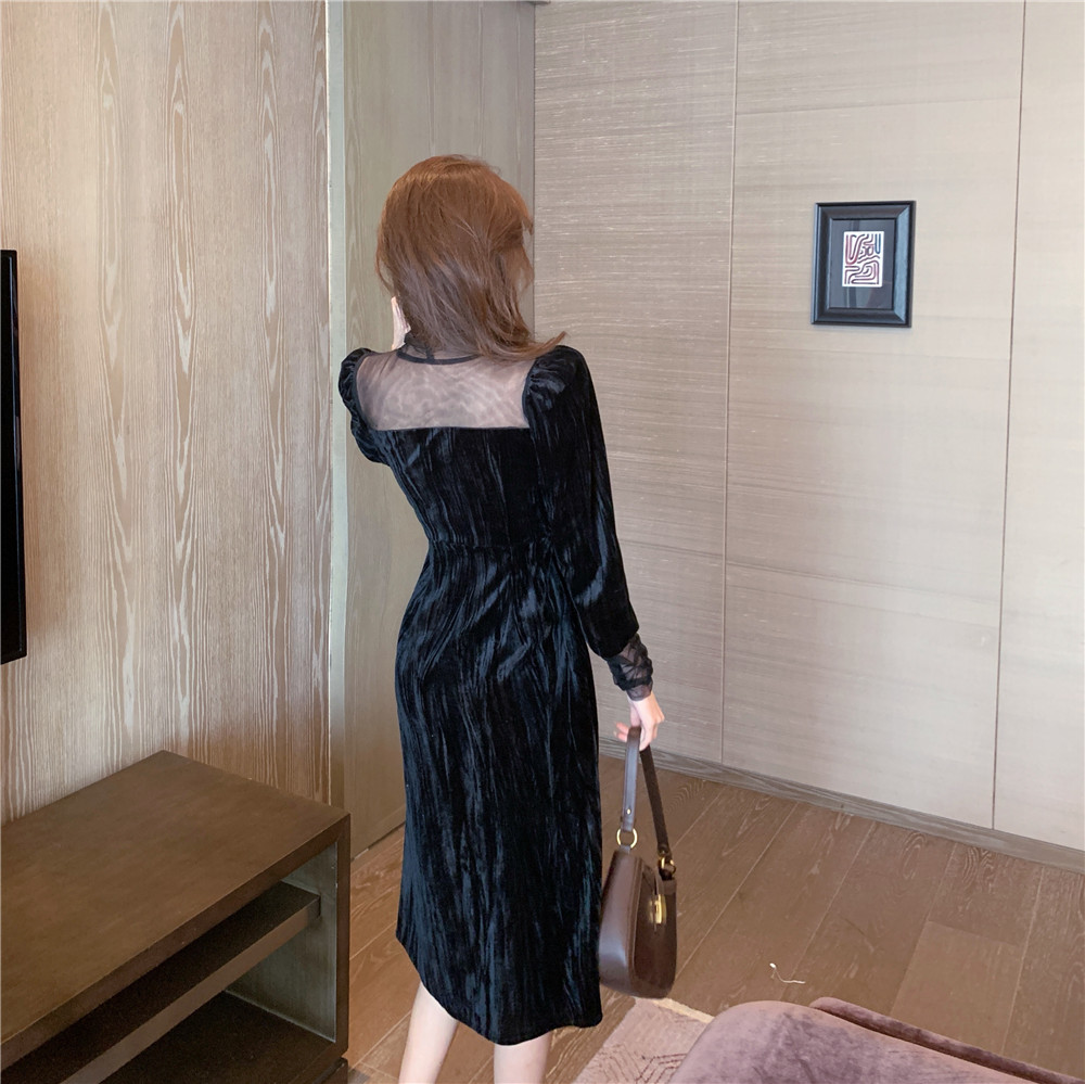 Hàng Quảng Châu - Đầm suông nhung phối lưới tay dài siêu xinh - d122304