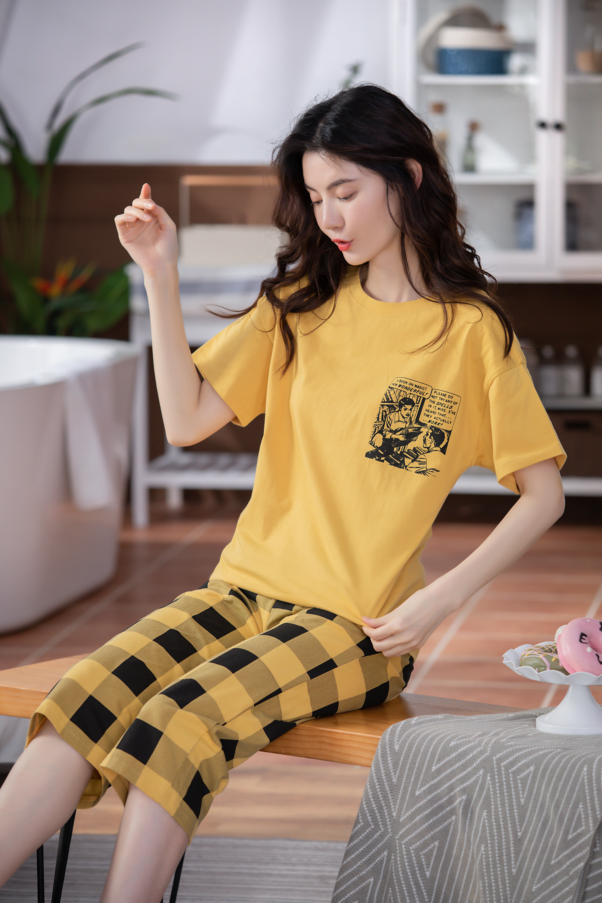 Đồ mặc nhà cotton quần lửng sọc caro 8870