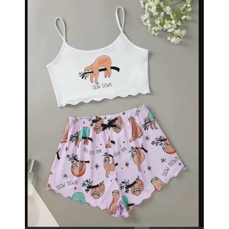 Set áo 2 dây croptop kèm quần in 3D siêu xinh chất cotton mềm mịn-N