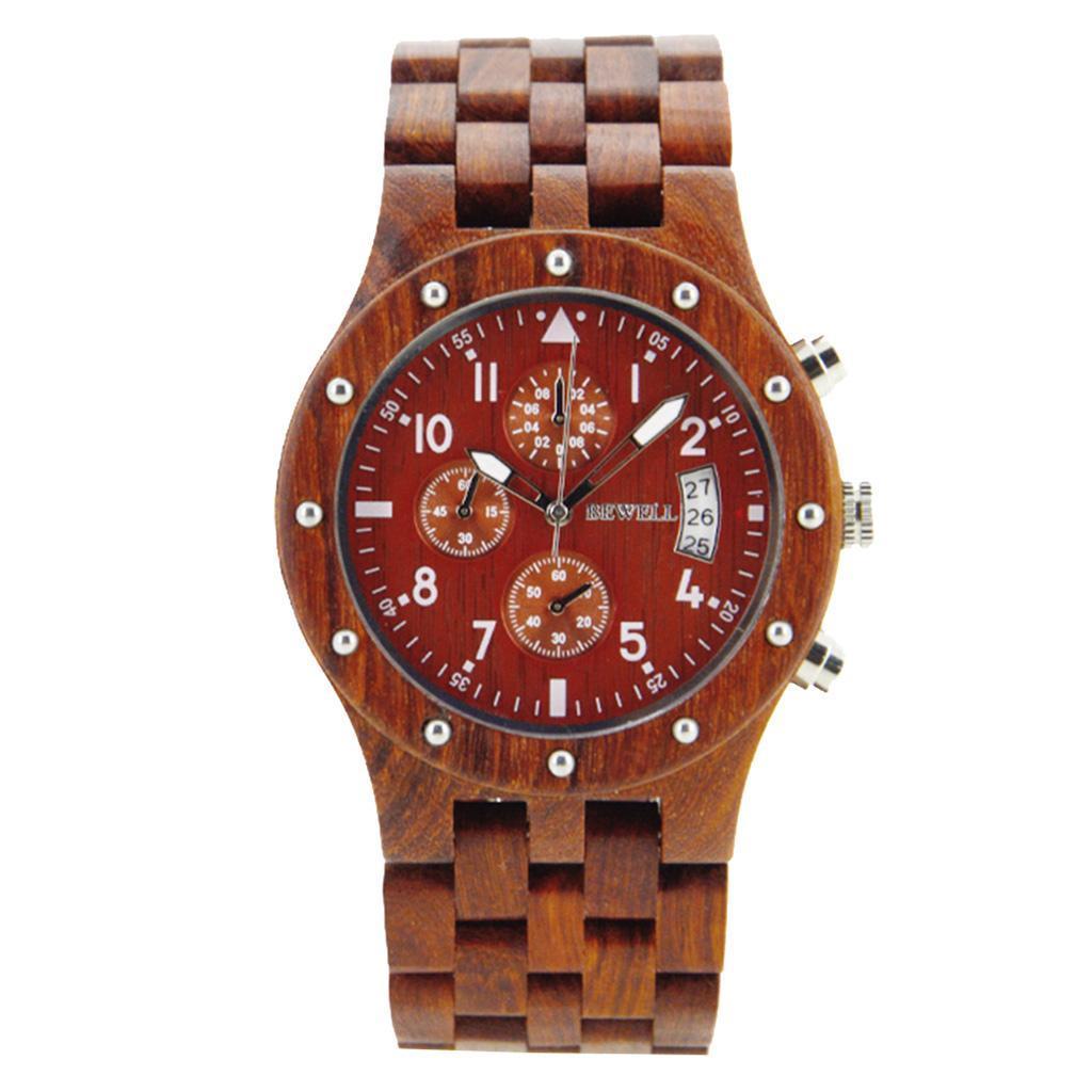 Bewell Sub-dials Wooden Watch Quartz Analog Movement Date Wristwatch