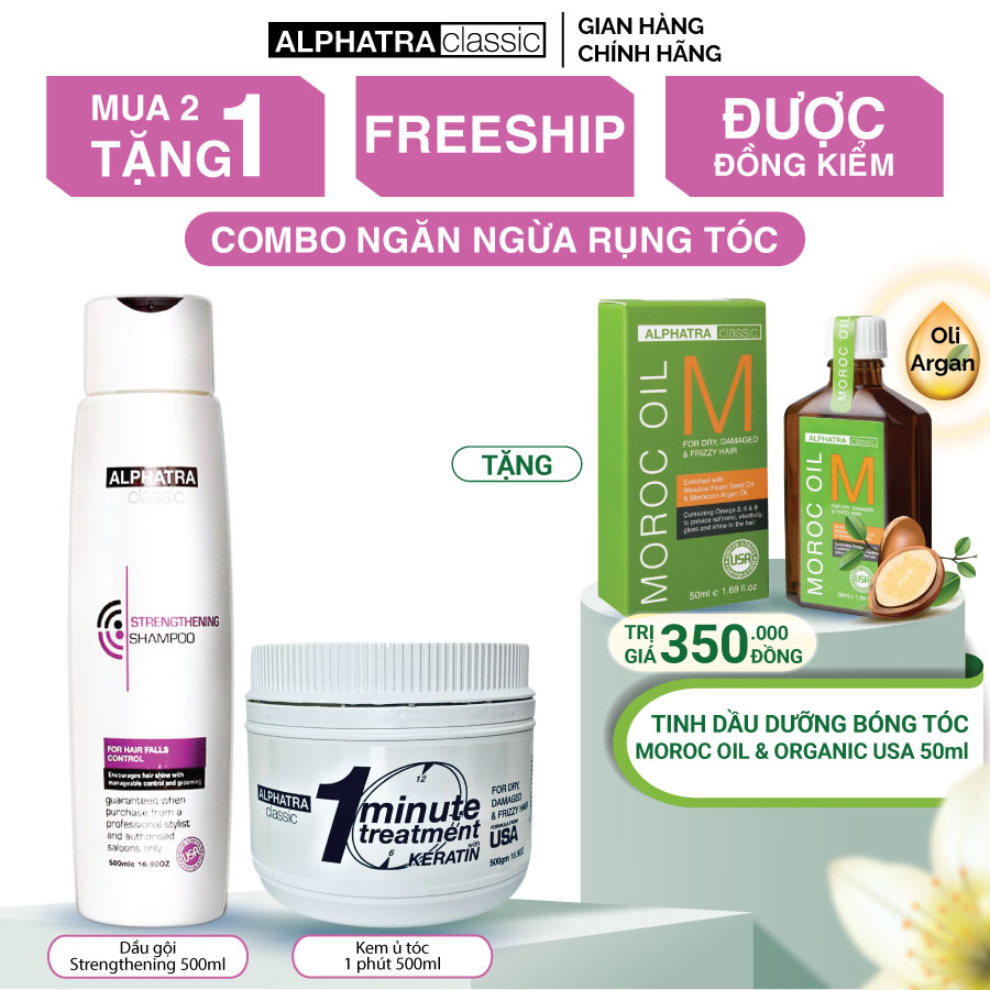 [ COMBO + QUÀ TẶNG ] NGĂN NGỪA RỤNG TÓC TỪ ALPHATRA CLASSIC USA - Dầu gội Strengthening 500ml - Kem ủ tóc 1 phút 500ml