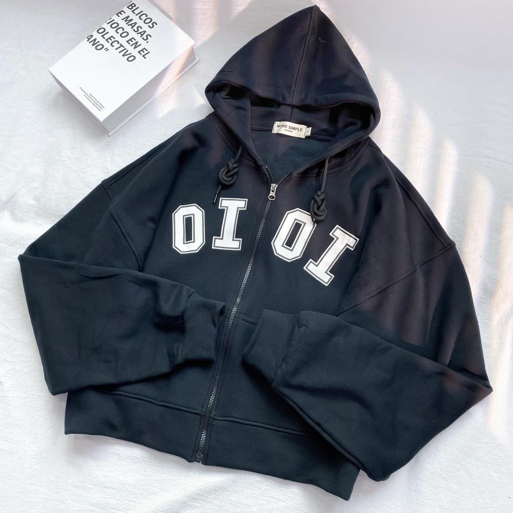 Áo Khoác Hoodie Croptop OI OI Tay Bồng Form Rộng Vải Nỉ Lót Bông Ulzzang