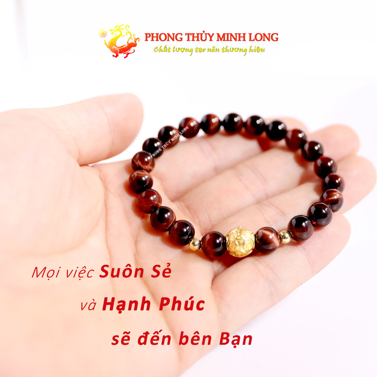 Vòng tay đá mắt hổ đỏ nâu mix hạt kim tiền vàng