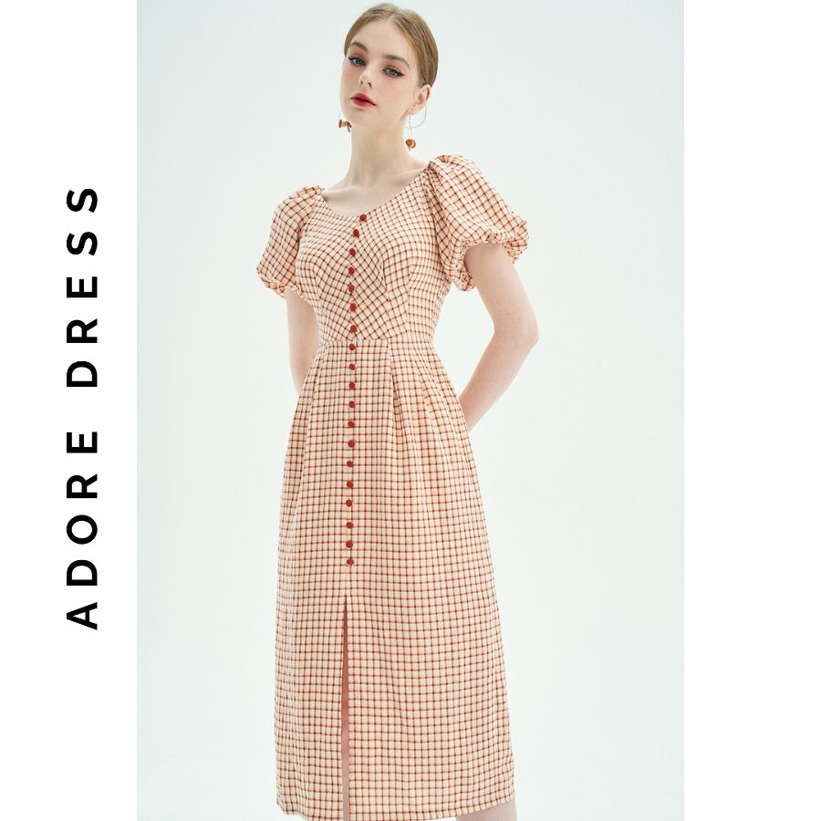 Đầm Midi dresses casual style thô karo cam Khuy bọc 311DR2038  ADORE DRESS