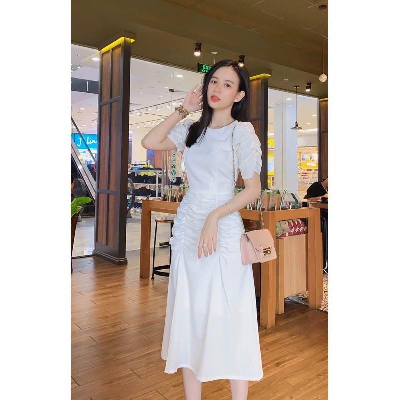 Đầm váy trắng cổ tròn tùng nhúng