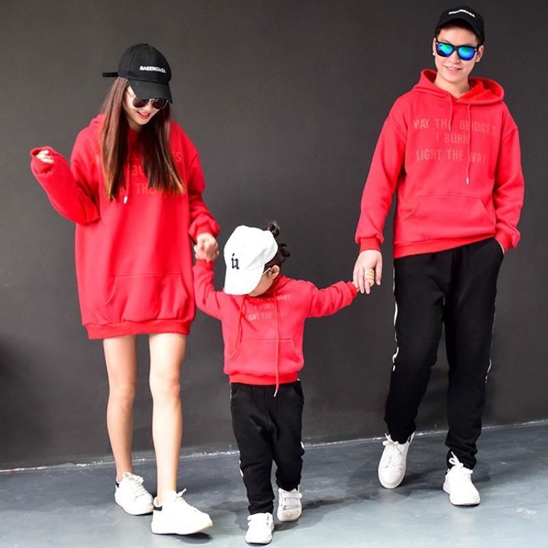 ÁO NỈ BÔNG HOODIE GIA ĐÌNH MÀU ĐỎ IN CHỮ