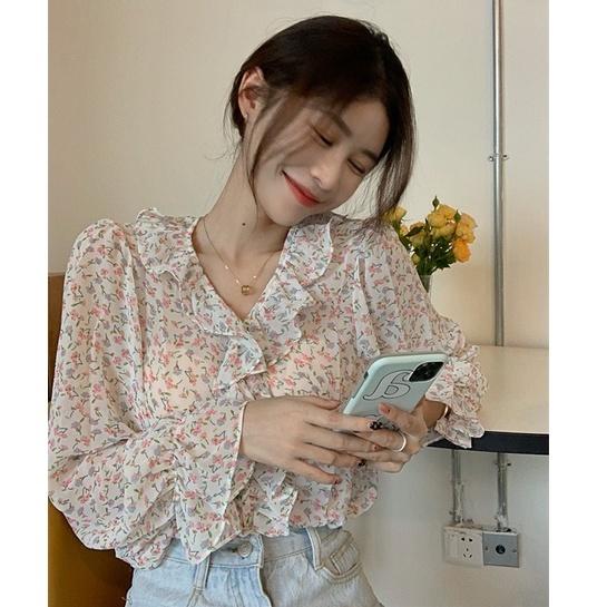 【Cocory】Korean Fashion Retro Temperament Slim V-neck Long Sleeve Loose Floral Women Blouse Shirts