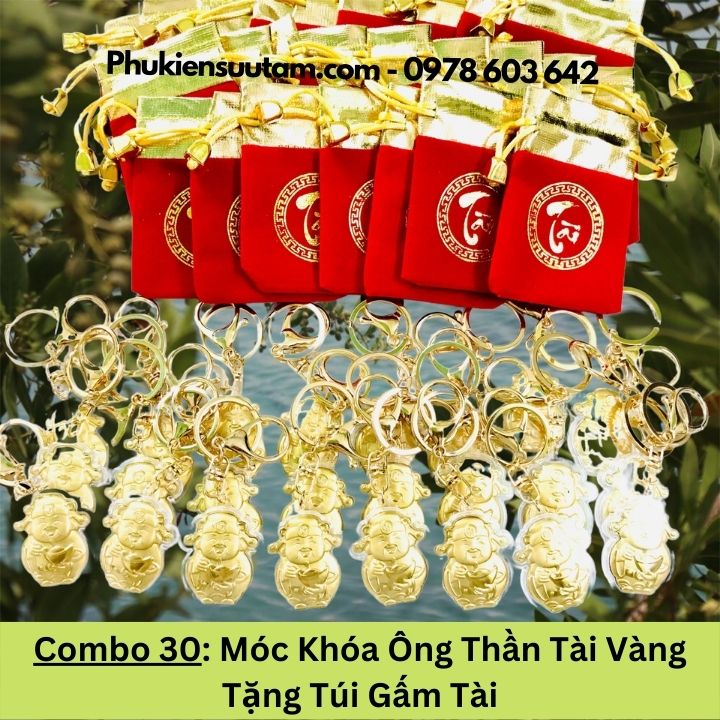 Combo 20 Móc Khóa Ông Thần Tài Vàng Tặng Túi Gấm Tài, kích thước: 4cmx3.5cm, màu vàng - SP005957