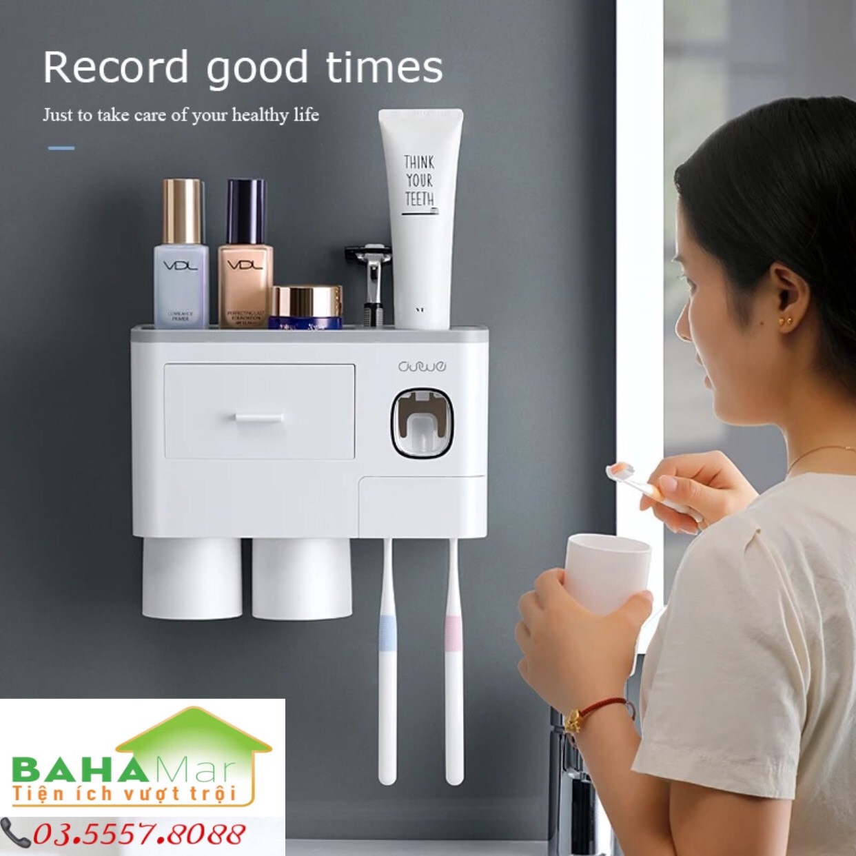 GIÁ ĐỂ TREO BÀN CHẢI NHẢ THUỐC ĐÁNH RĂNG TỰ ĐỘNG - 2 CỐC TREO NAM CHÂM NGƯỢC "BAHAMAR"