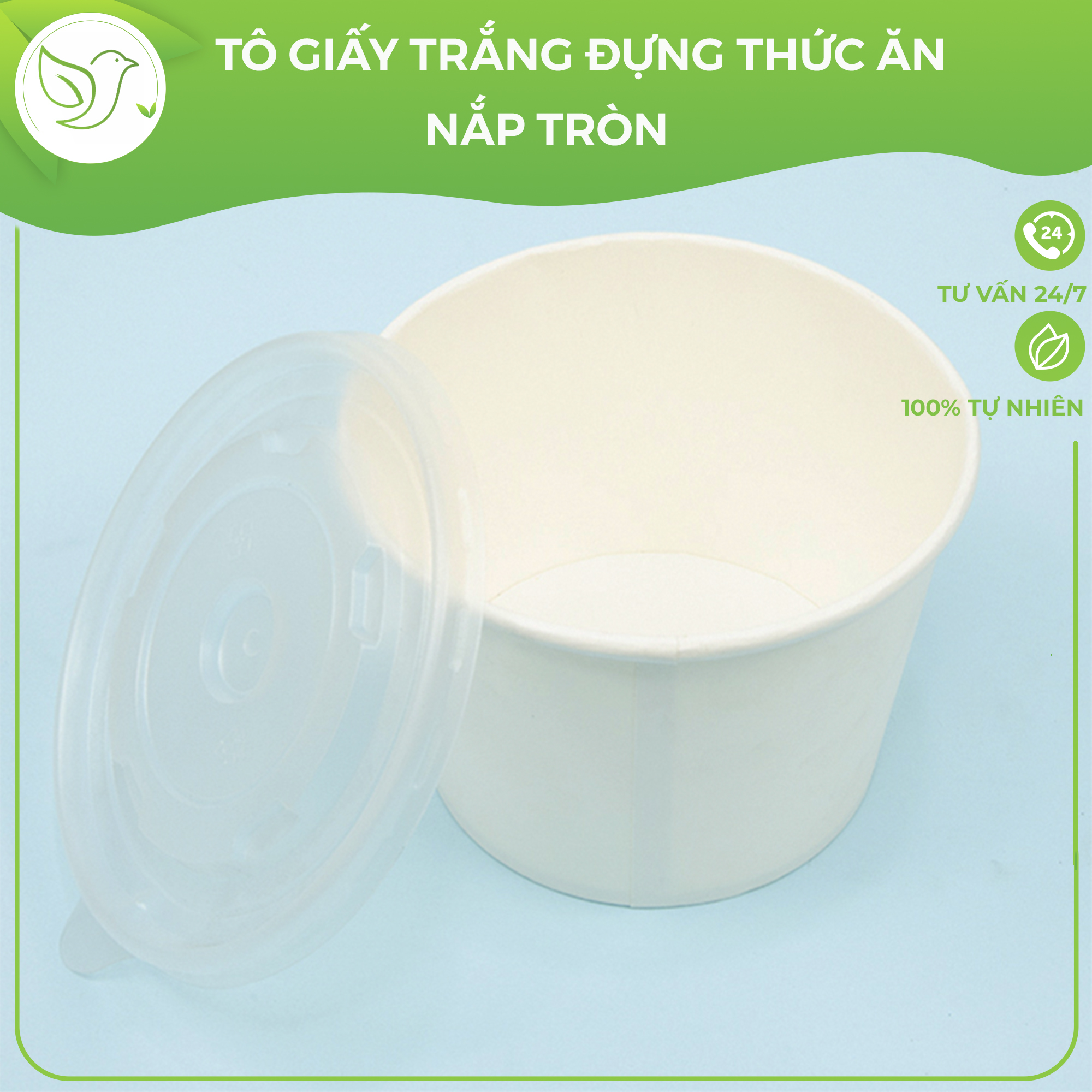 50 Tô giấy trắng đựng thức cơm, phở, thức ăn kèm nắp tròn nhựa PP dùng 1 lần