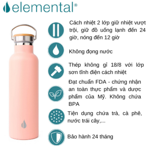 BÌNH GIỮ NHIỆT ELEMENTAL MÀU HỒNG , BÌNH NHẬP KHẨU MỸ, ĐẠT CHUẨN FDA HOA KỲ, THÉP 304 KHÔNG GỈ, GIỮ NÓNG LẠNH