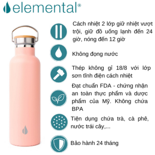 BÌNH GIỮ NHIỆT ELEMENTAL MÀU HỒNG (750ML), BÌNH NHẬP KHẨU MỸ, ĐẠT CHUẨN FDA HOA KỲ, THÉP 304 KHÔNG GỈ, GIỮ NÓNG LẠNH