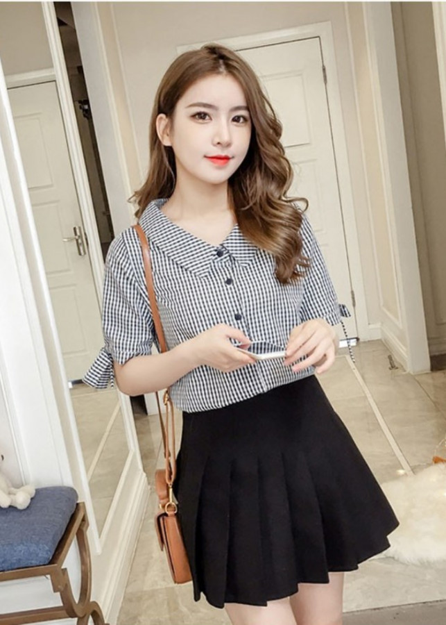 Áo sơ mi sọc cổ v phối tay nơ BY3260A