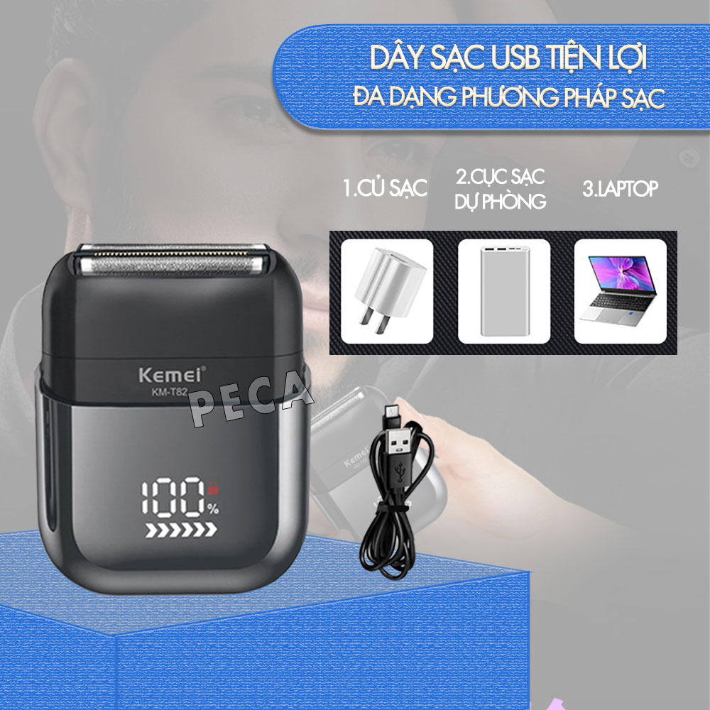 Máy cạo râu mini lưỡi kép Kemei KM-T82 màn hình LCD, công suất 5w mạnh mẽ cảm biến râu thông minh - Hàng chính hãng