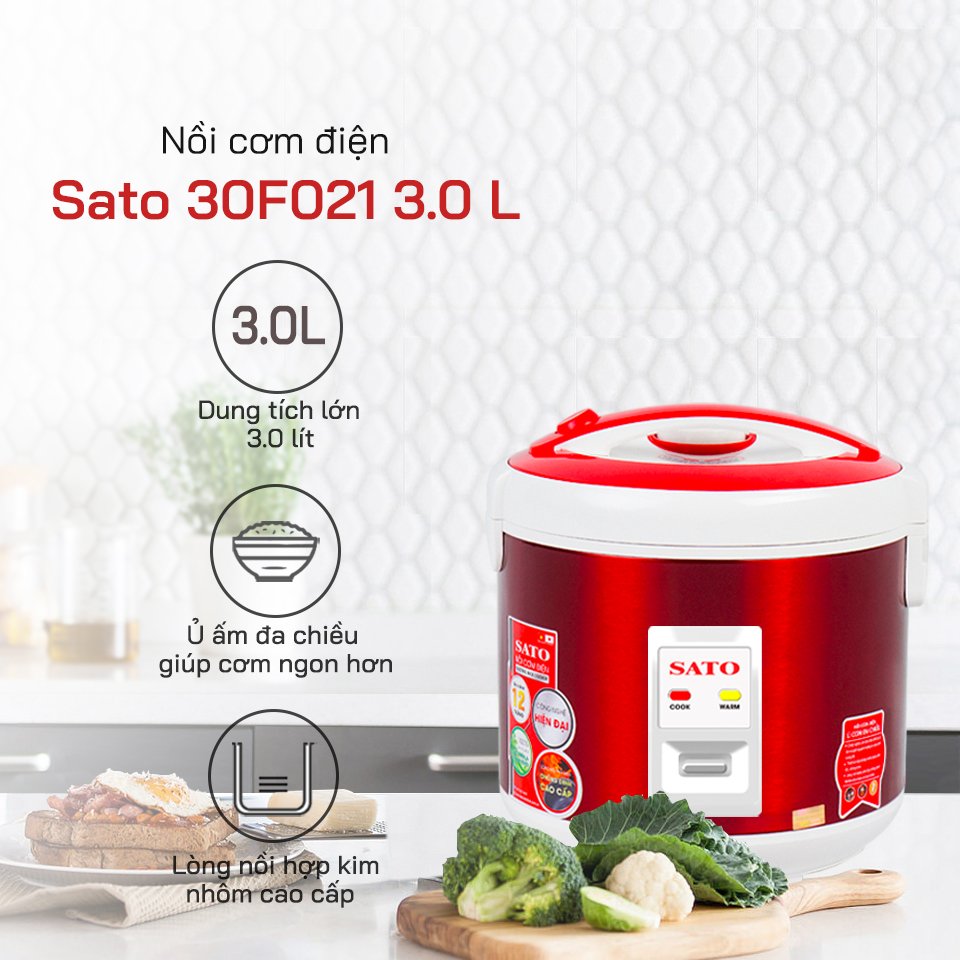 Nồi Cơm Điện SATO 30S021 3.0L - Lòng nồi bằng hợp kim nhôm phủ chống dính cao cấp, an toàn cho sức khỏe - Miễn phí vận chuyển toàn quốc -Hàng chính hãng