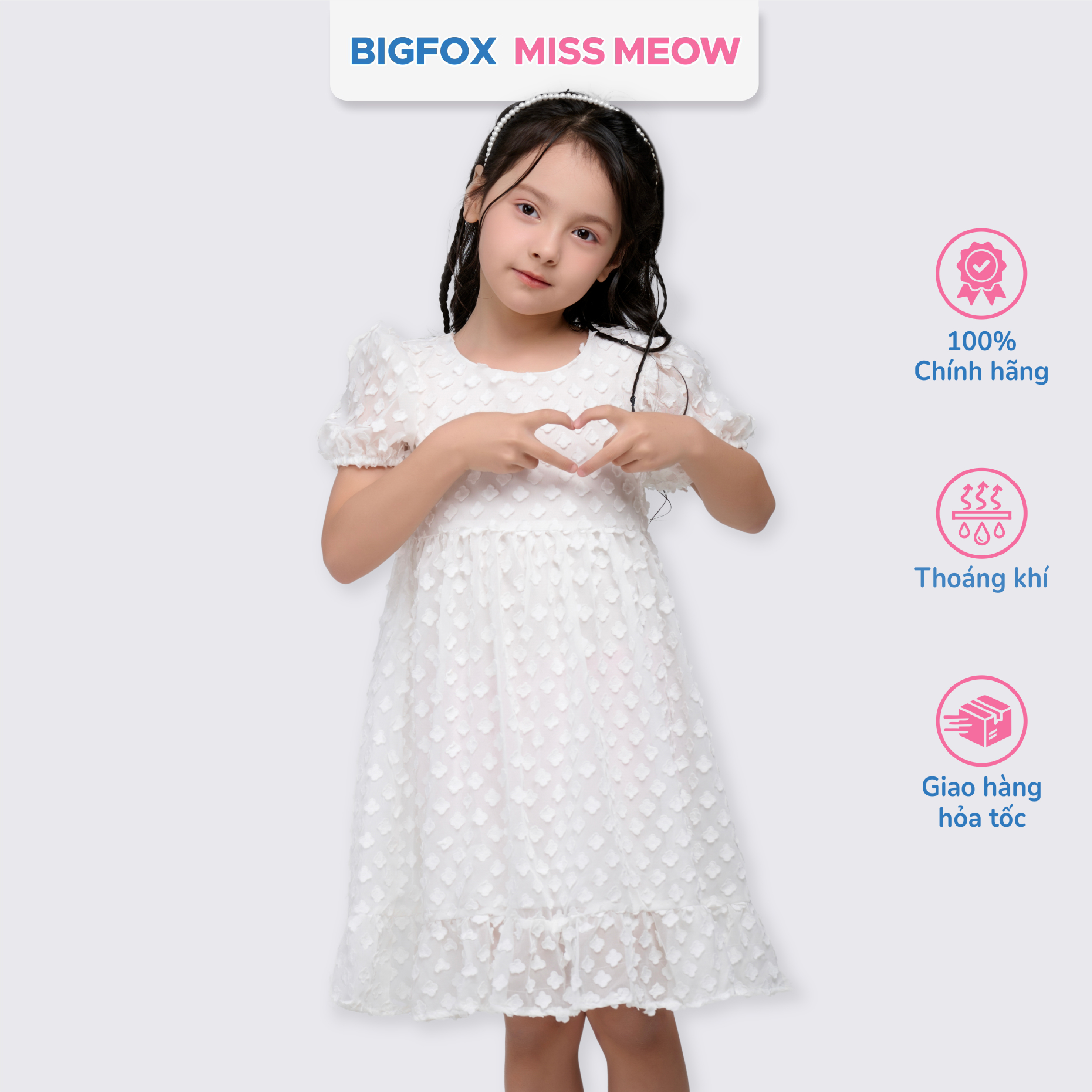Váy trắng dự tiệc bé gái Bigfox Miss Meow, đầm công chúa tiểu thư size đại kiểu Hàn ren hoa mùa hè 3,7,9,11 tuổi 30kg