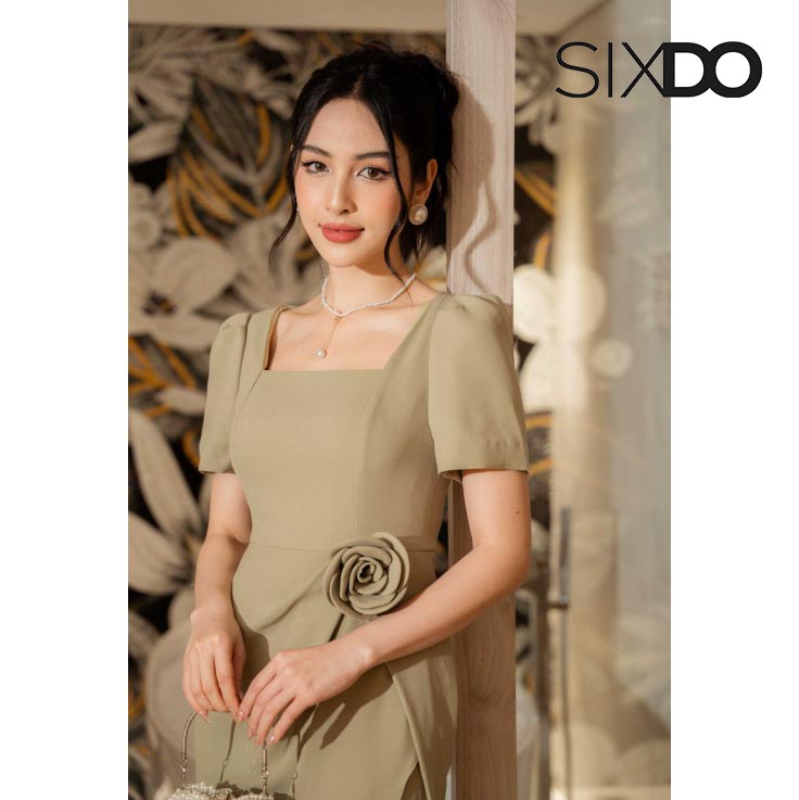 Đầm midi cô vuông kèm hóa eo xẻ tà thời trang SIXDO