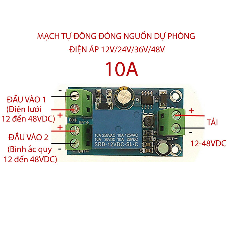 Module mạch tự động đóng nguồn dự phòng X804 12-48VDC 10A, có độ trễ