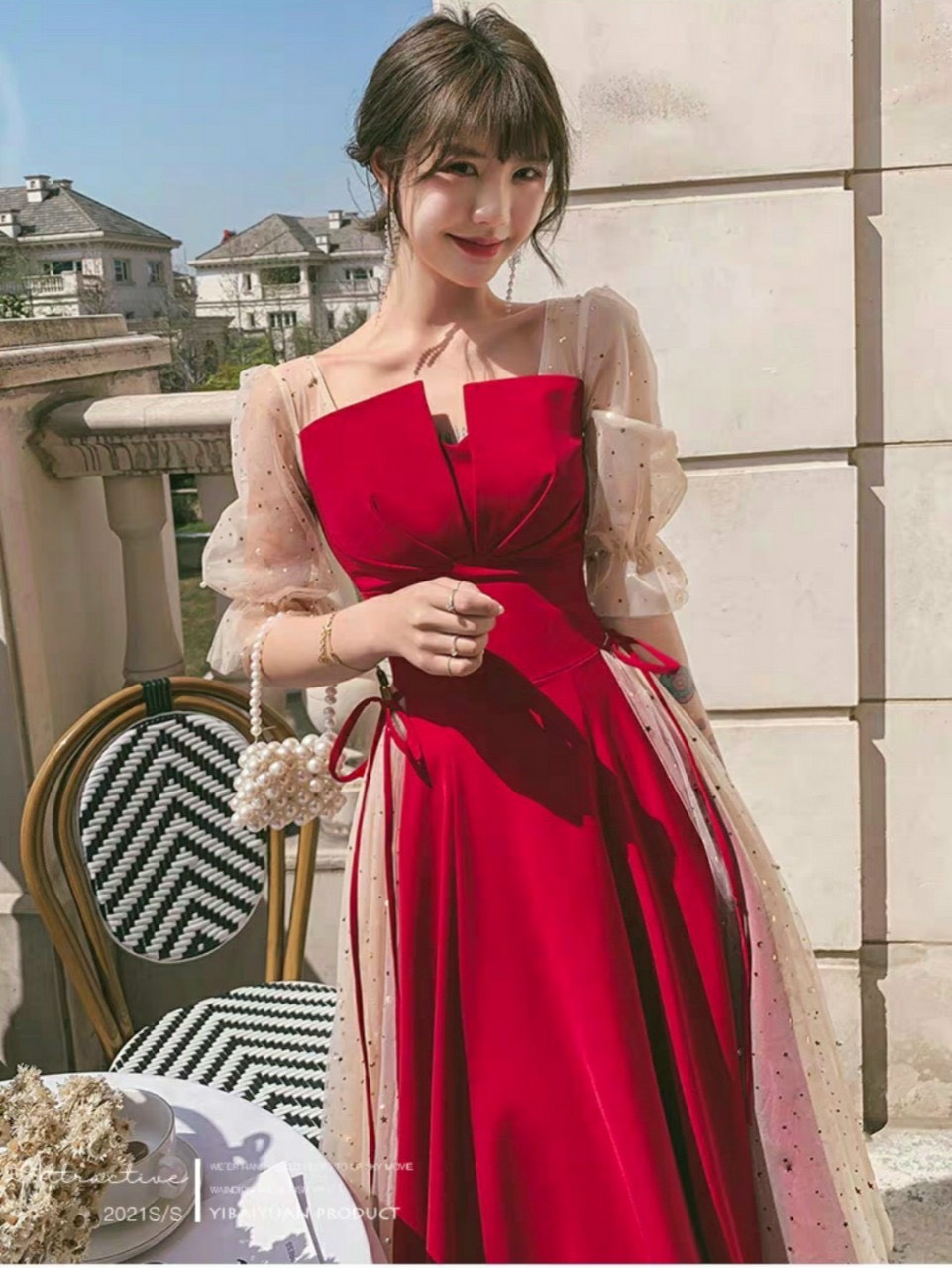 ĐẦM PHỐI LƯỚI KIM SA CỘT NƠ EO   MÀU Y HÌNH